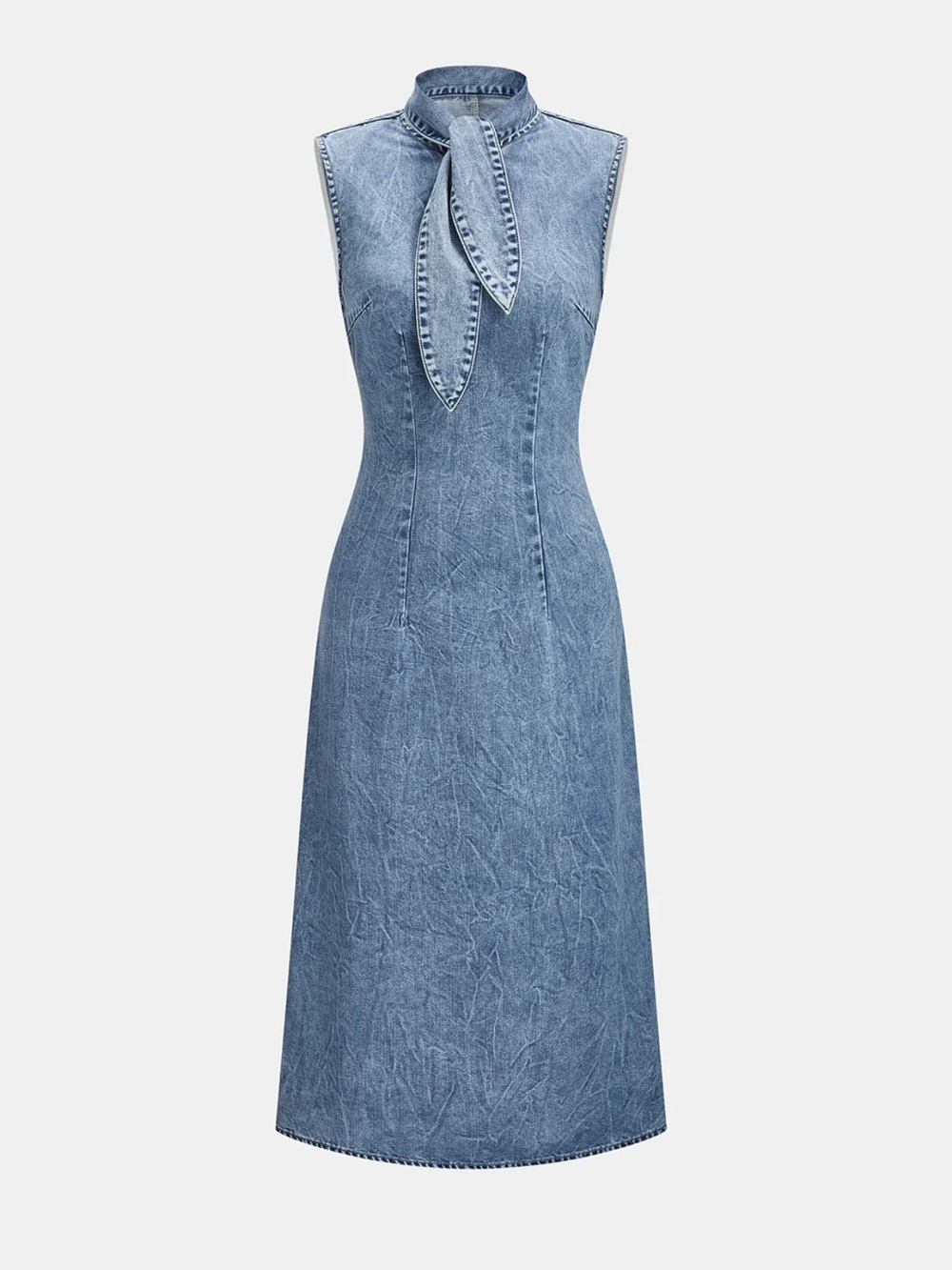 Commense Blue Denim Tie-Neck Midi Dress XS | Quiet Luxury Denim Dress - Picture 3 of 7